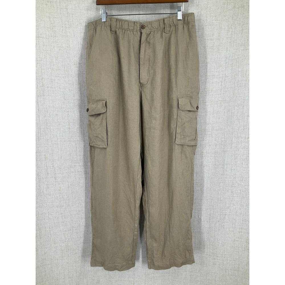 Caribbean Cargo Pants Mens 38x30 Tan 100% Linen Relaxed Coastal Safari Utility